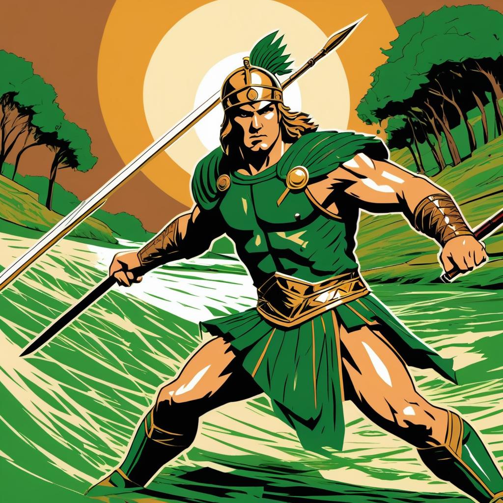 Epic Comic Illustration of Achilles in Battle