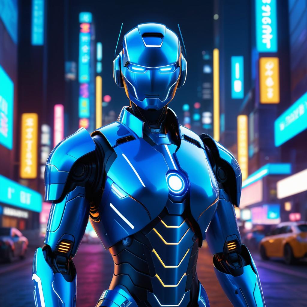 Futuristic Robot in Neon Cityscape