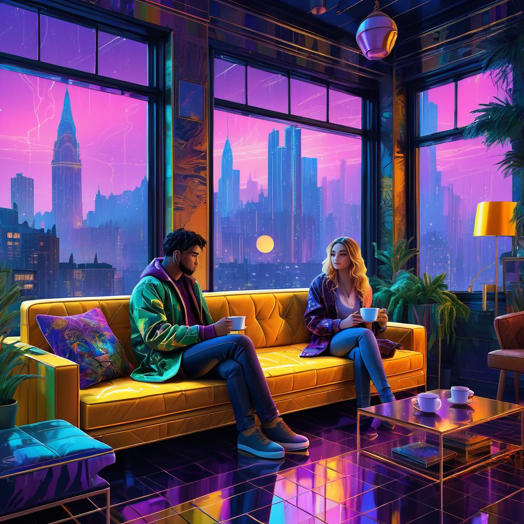 Cozy Cyberpunk Scene with Golden Retriever