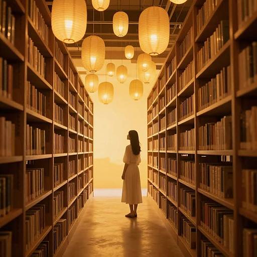 Silhouetted woman in white dress stands in warmly lit library aisle, surrounded by hanging paper lanterns and tall bookshelves.