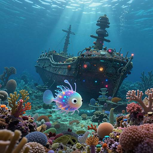 Bioluminescent Fish Near Enchanted Shipwreck