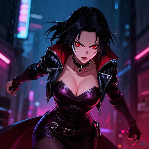 Digital anime artwork of a fierce woman with glowing red eyes, black leather outfit, red-lined jacket, and wet, dark hair, running in a neon