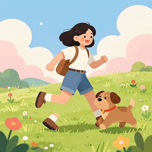 Cartoon illustration of a smiling girl with black hair, white shirt, blue shorts, brown boots, and brown backpack, running in a grassy field