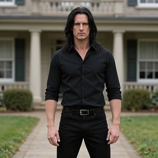 Photograph of a tall, muscular man with long black hair, wearing a black button-up shirt and pants, standing in front of a colonial-style house