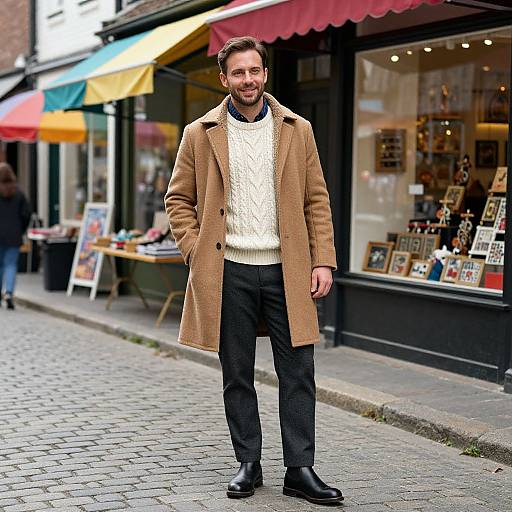 Photograph of a smiling bearded man in a brown coat, white sweater, black pants, and black boots standing on a cobblestone street in