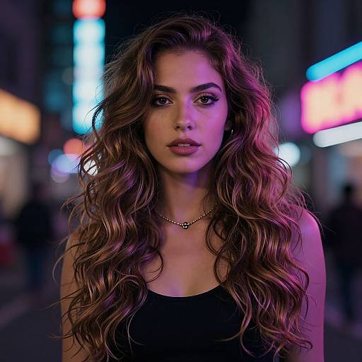 Photograph of a young woman with long, wavy brown hair, wearing a black top and gold necklace, standing in a neon-lit urban street