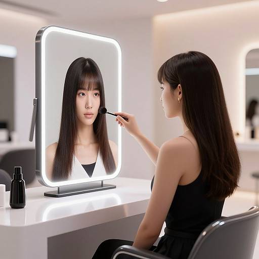 Photograph of an Asian woman with long black hair applying eyeliner in front of a brightly lit mirror in a modern, minimalistic makeup room.
