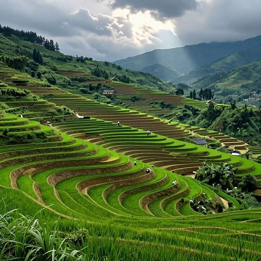 Lush Riso Terraces with Farmers