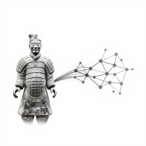Black-and-white digital artwork of a traditional Japanese samurai statue with a modern molecular structure extending from its right arm.