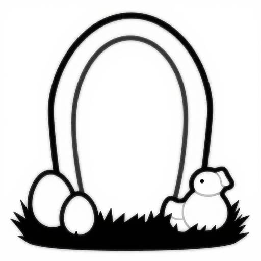 Black and white line drawing of three eggs and a chick beside a large, arched tombstone on grass.