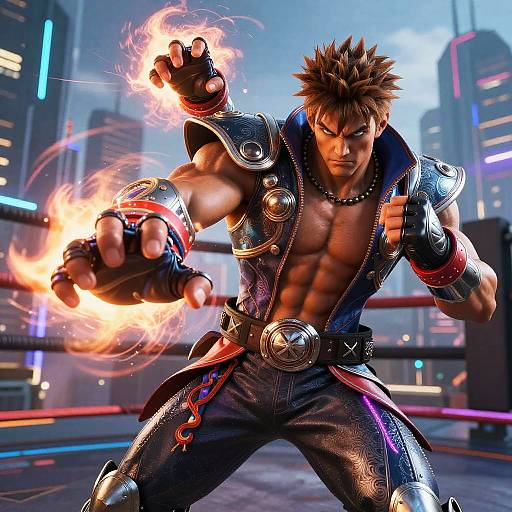 CGI image of a muscular, brown-haired, anime-style fighter in a neon city, wearing futuristic armor, unleashing fire from his right hand.