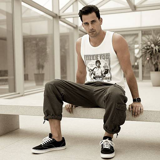 Retro Style Man in Modern Atrium