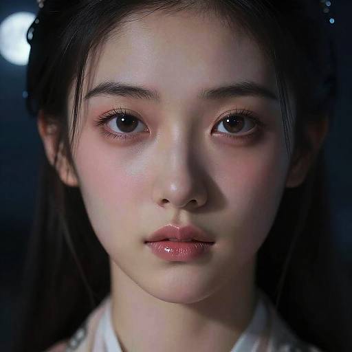 Close-up digital portrait of an East Asian woman with fair skin, large dark eyes, glossy pink lips, and dark hair, illuminated by soft, blue