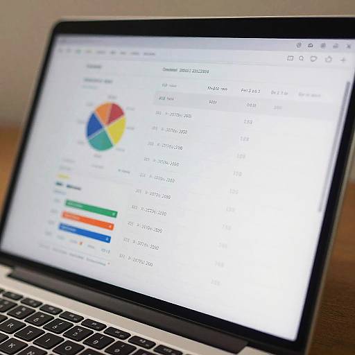 Photograph of a laptop screen displaying a colorful pie chart and data table on a white background, with a black and silver keyboard in the foreground.