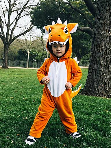 Toddler in Orange Dinosaur Costume Outdoors