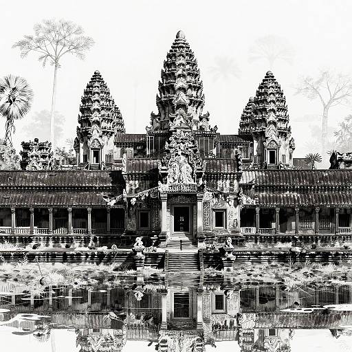 Black-and-white digital drawing of an ancient temple with three intricately detailed, tiered spires, reflecting in a calm water surface.
