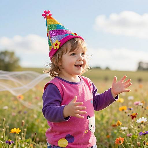 Photograph of a smiling toddler in a rainbow hat and pink vest, waving in a colorful meadow with wildflowers. Bright sunlight and clear sky in