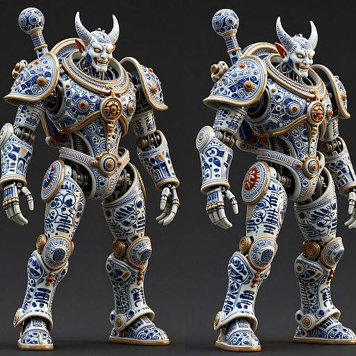 Photograph of two intricately detailed, blue-and-white ceramic minotaur warriors with gold accents, standing side-by-side against a dark gradient background.