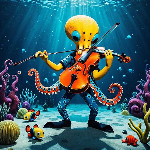 Whimsical Octopus Playing Violin Underwater