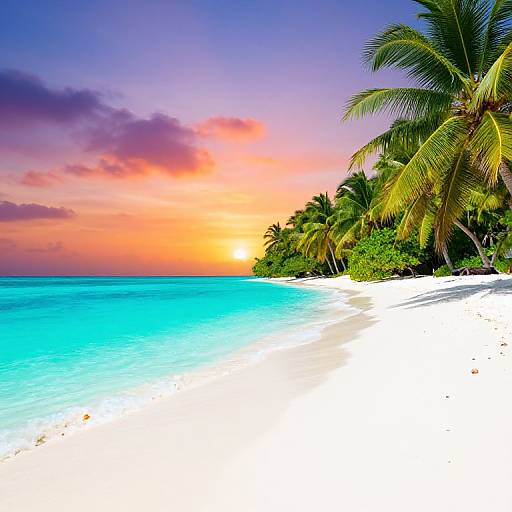Photograph of a tropical beach at sunset, featuring vibrant turquoise water, white sand, green palm trees, and a colorful sky with orange, pink,