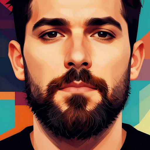 Digital portrait of a bearded man with dark hair, brown eyes, and light skin, set against a colorful geometric background.
