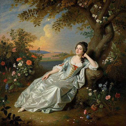 Rococo-style painting of a fair-skinned woman in a shimmering silver dress, reclining against a tree, surrounded by vibrant flowers and a
