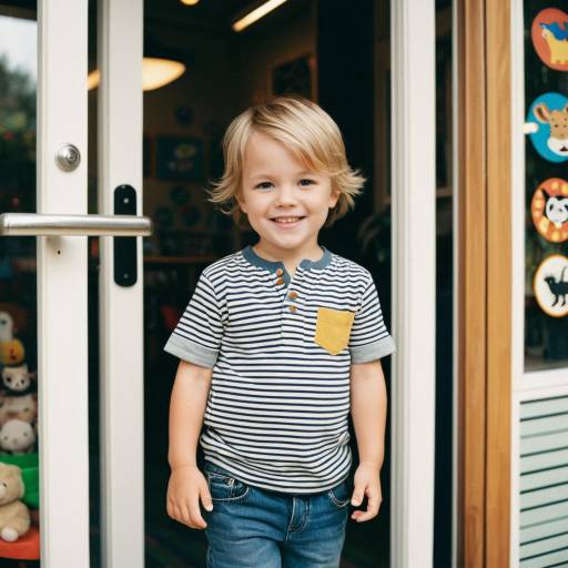 Smiling toddler boy in striped henley tee near playroom