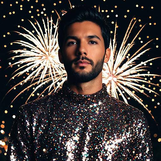 Stylish Man in Glitter Outfit with Fireworks