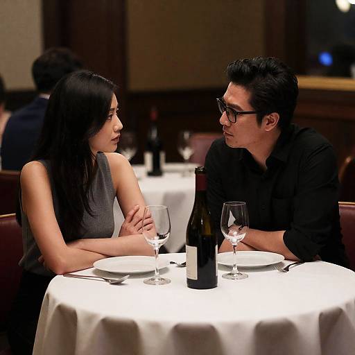 Photograph of an Asian couple in a dimly lit restaurant, sitting at a white-clothed table, engaging in conversation, with wine glasses and