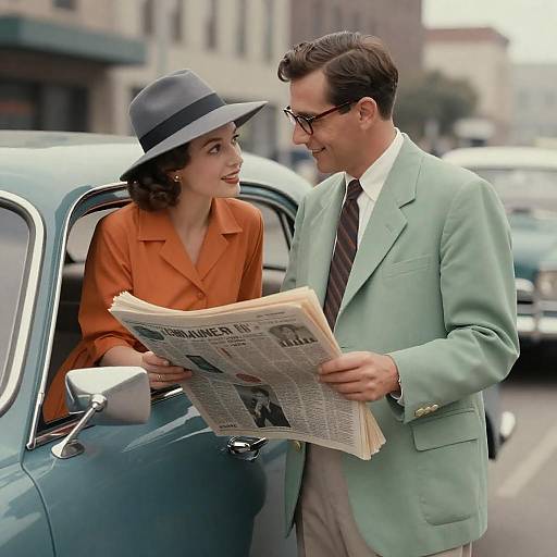 Vintage Couple with Newspaper by Classic Car