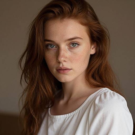 Photograph of a young, fair-skinned woman with long, red hair, blue eyes, and freckles, wearing a white shirt, looking