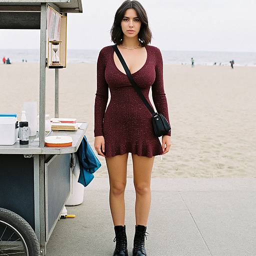 Photograph of a young woman with medium skin tone, dark wavy hair, wearing a deep V-neck, long-sleeve, maroon mini