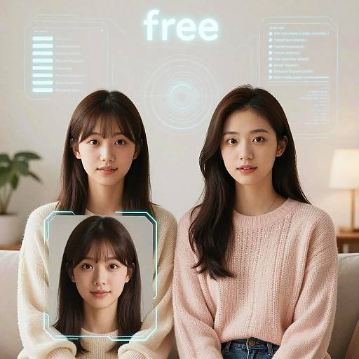 Photograph of two East Asian women with long black hair, wearing sweaters, sitting side-by-side with a smaller inset photo of their young daughter in