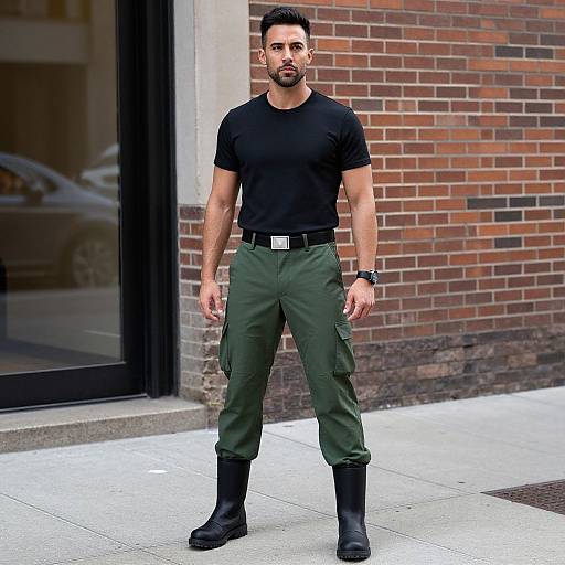 Photograph of a muscular, bearded man with short dark hair, wearing a black t-shirt, green cargo pants, black boots, and a black