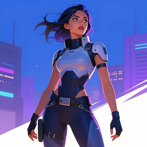 Digital artwork of a fierce, blue-eyed woman with dark hair, wearing a futuristic black and white armored outfit, standing confidently against a neon-lit city