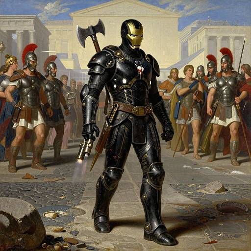 Digital artwork: Modern black armored superhero with gold face mask stands confidently in front of ancient Roman soldiers and Greek columns.