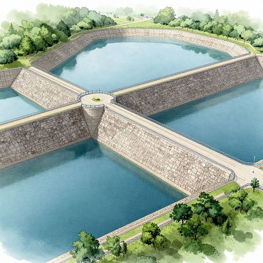 Digital illustration of a stone dam with three blue water reservoirs, surrounded by lush green trees and grass, viewed from above.