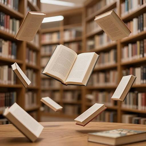 Photograph of open books floating in mid-air above a wooden table in a blurred library with tall bookshelves.
