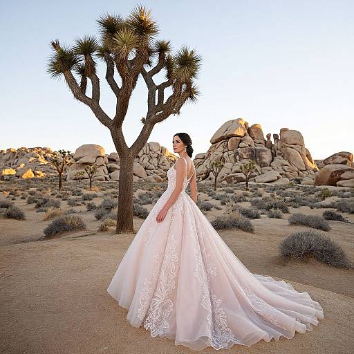 Photograph of a bride in an ornate white lace wedding gown, standing in a desert with Joshua trees and rocky formations.