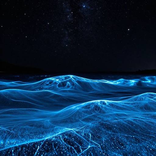 Photograph of glowing blue waves under a starry night sky, with bright, ethereal lines illuminating the textured surface.