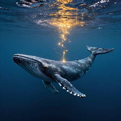 Photograph of a massive blue whale swimming underwater, illuminated by sunlight penetrating the dark blue ocean, with bubbles trailing upwards.