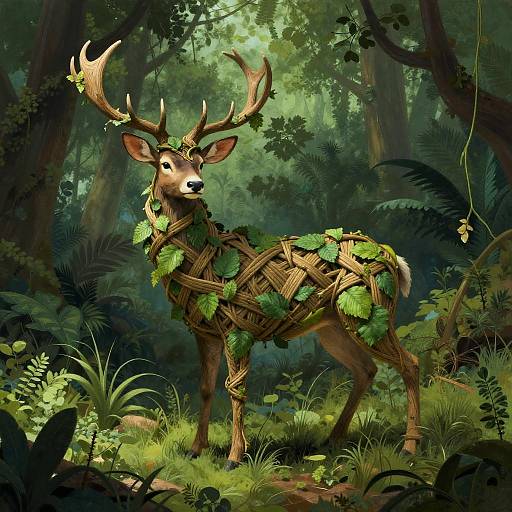 Surreal Woven Vine Stag in Lush Forest