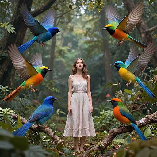 Enchanted Woman Surrounded by Colorful Birds