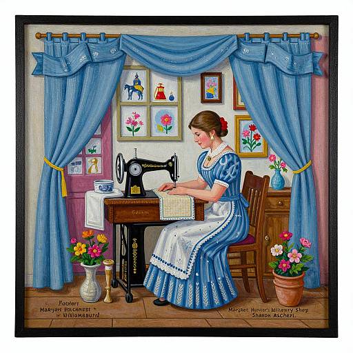 Vintage-style illustration of a woman in a blue dress and white apron sewing on a black sewing machine, surrounded by blue curtains, framed art, flowers
