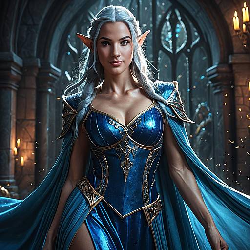 Elegant Female Elf in Blue Fantasy Gown