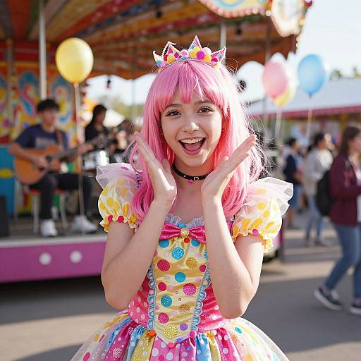 Photograph of a smiling young woman with pink hair, wearing a colorful, polka-dotted princess dress, tiara, and choker, at