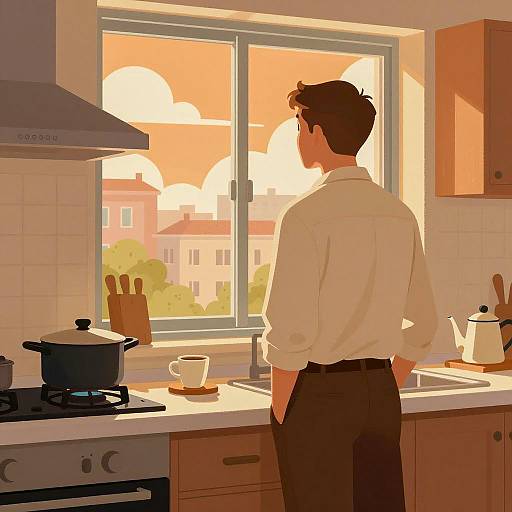 Cheerful Man in Retro Kitchen Scene