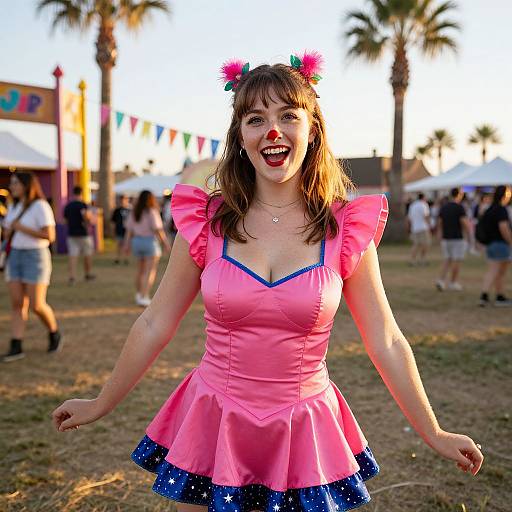 Photograph of a smiling woman in a pink dress with blue star-patterned skirt and pink flower headband, dancing outdoors at a festival with palm trees
