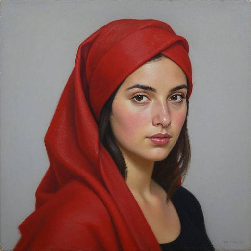 Realistic digital portrait of a young woman with fair skin, dark brown eyes, and a red headscarf, wearing a black top, against a