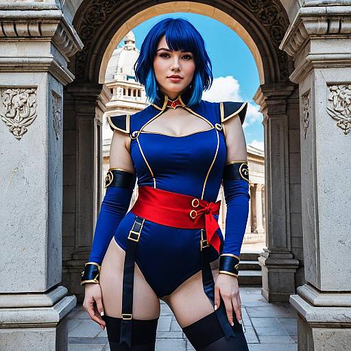 Woman in Blue Cosplay Bodysuit with Red Sash Outdoors